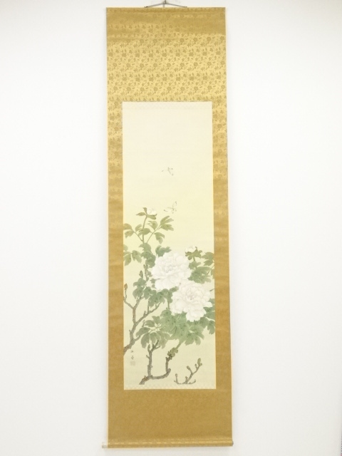 JAPANESE HANGING SCROLL / HAND PAINTED / BUTTERFLY & PEONY